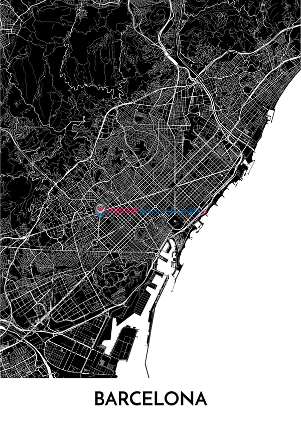 Poster decorativo de Barcelona con mapa en blanco y negro