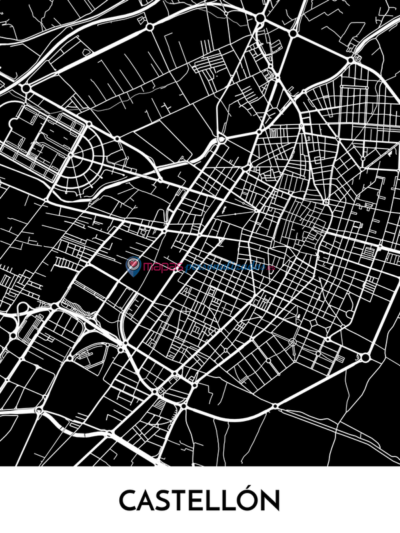Mapa decorativo de Castellón de la Plana en blanco y negro
